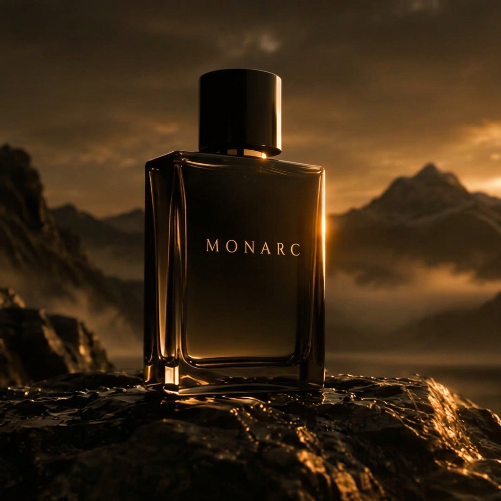 Dark glass cologne bottle with a black cap on a rock